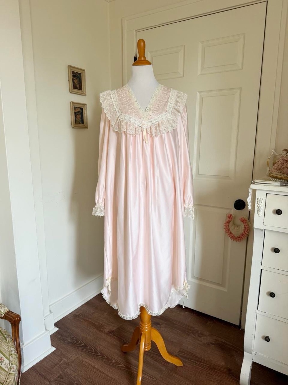 Vintage 1970s Blush Pink Christian Dior Satin Lace Romantic Boudoir Nightgown